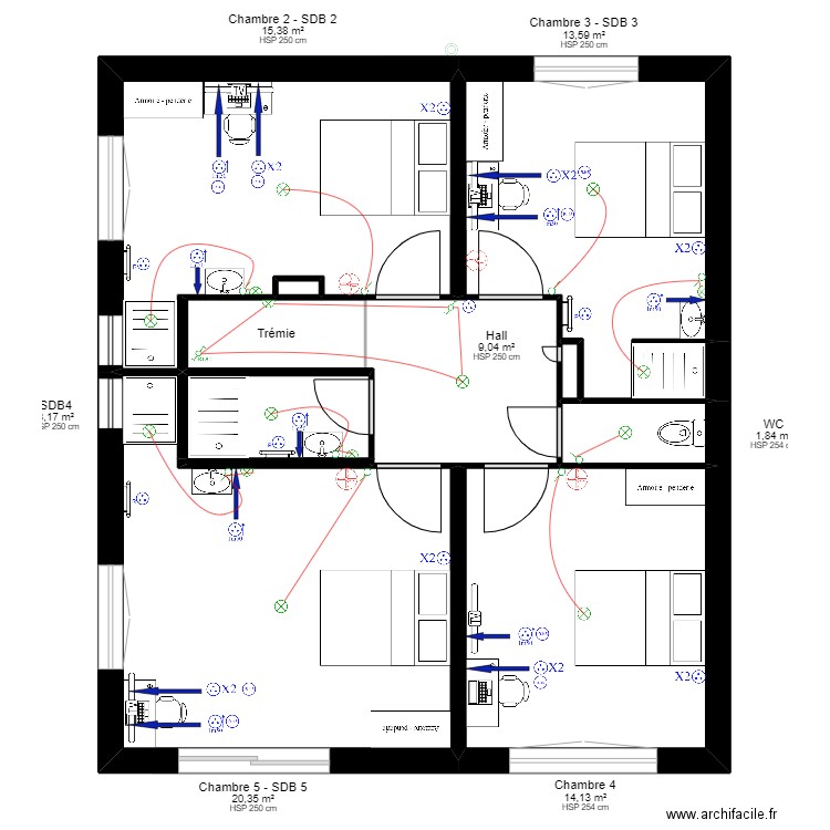Plan LAMY RENOVATION V3 avec meubles. Plan de 21 pièces et 155 m2