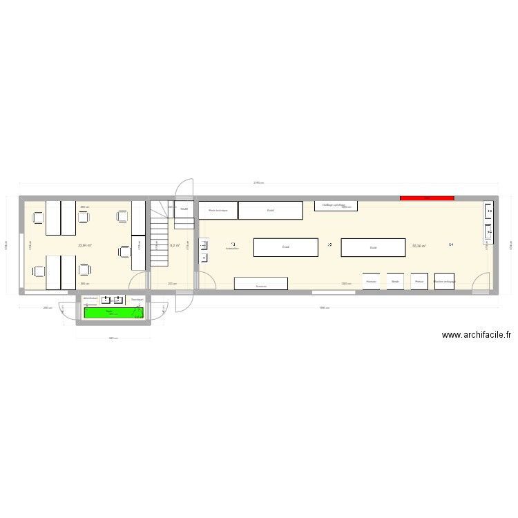 RDC atelier. Plan de 4 pièces et 90 m2