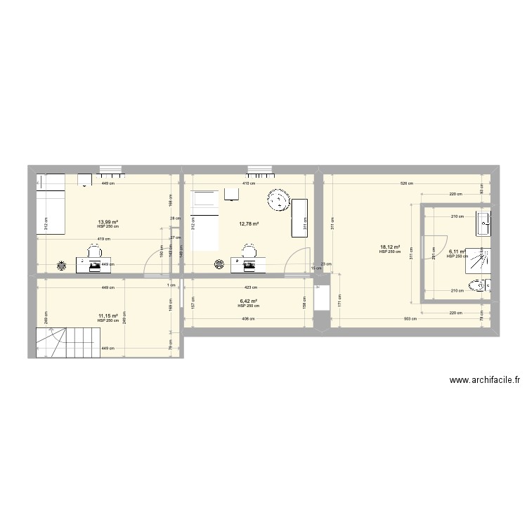 2eme etage. Plan de 6 pièces et 69 m2