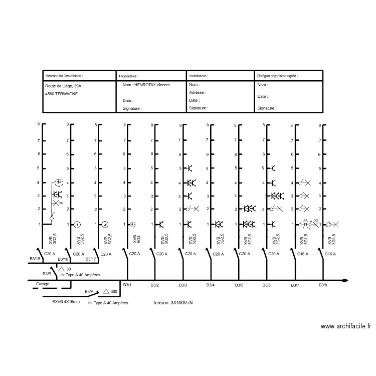 Schéma unifilaire 1 TD B3. Plan de 8 pièces et 15 m2