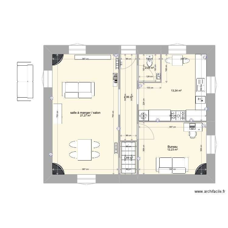 Plan RDC version pré travaux v2. Plan de 6 pièces et 62 m2