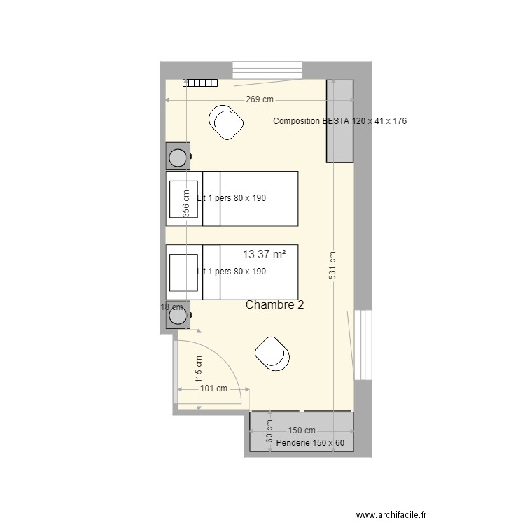 Appartement - Chambre n° 2. Plan de 1 pièce et 13 m2