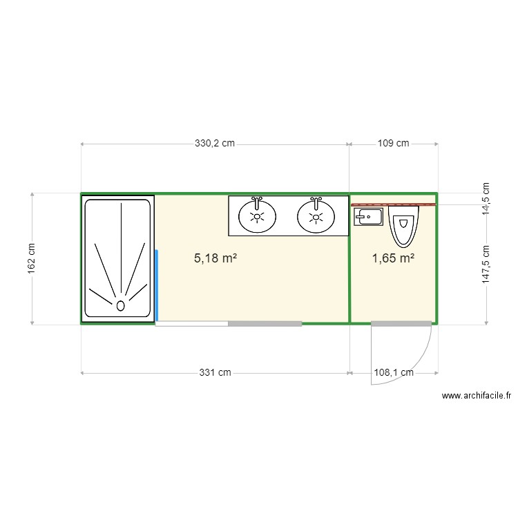 salle de bain .1. Plan de 2 pièces et 7 m2