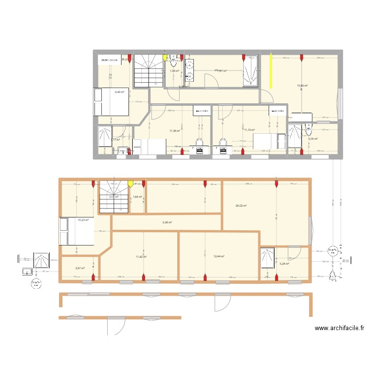 Etage V1. Plan de 18 pièces et 151 m2