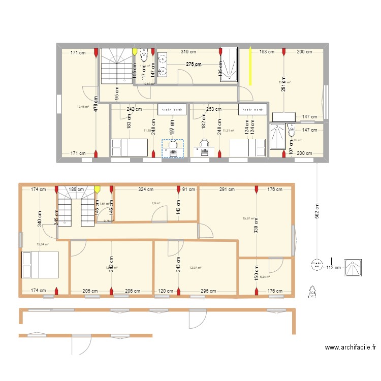 Etage V1. Plan de 18 pièces et 151 m2