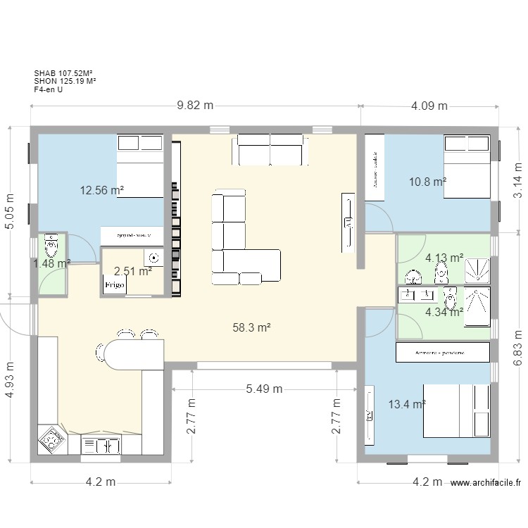 PLAN en U F4  du 28 aout 2020 SHON 125 19 M2. Plan de 0 pièce et 0 m2