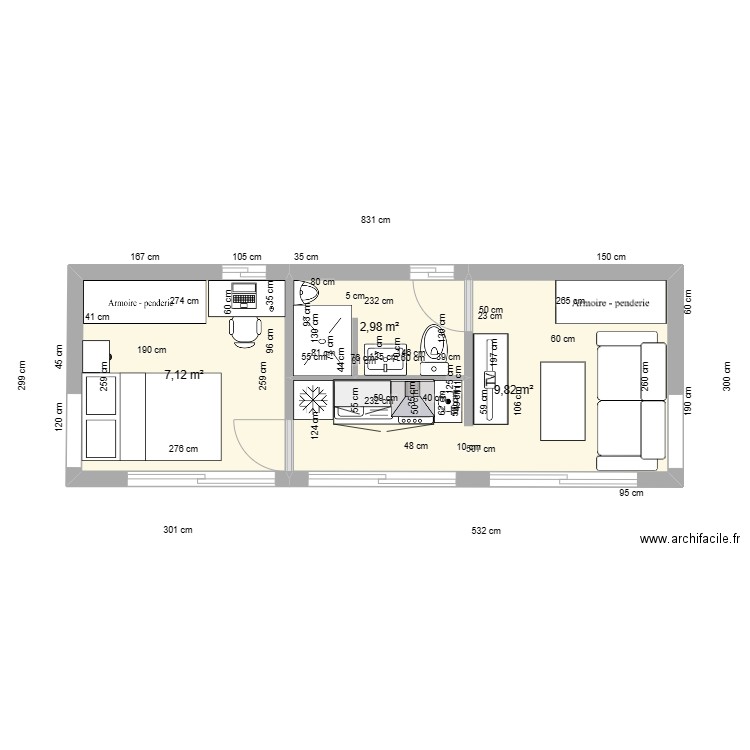 MICHEL  8,30 X 3 = 24,90 M2 (25)....... Plan de 3 pièces et 20 m2