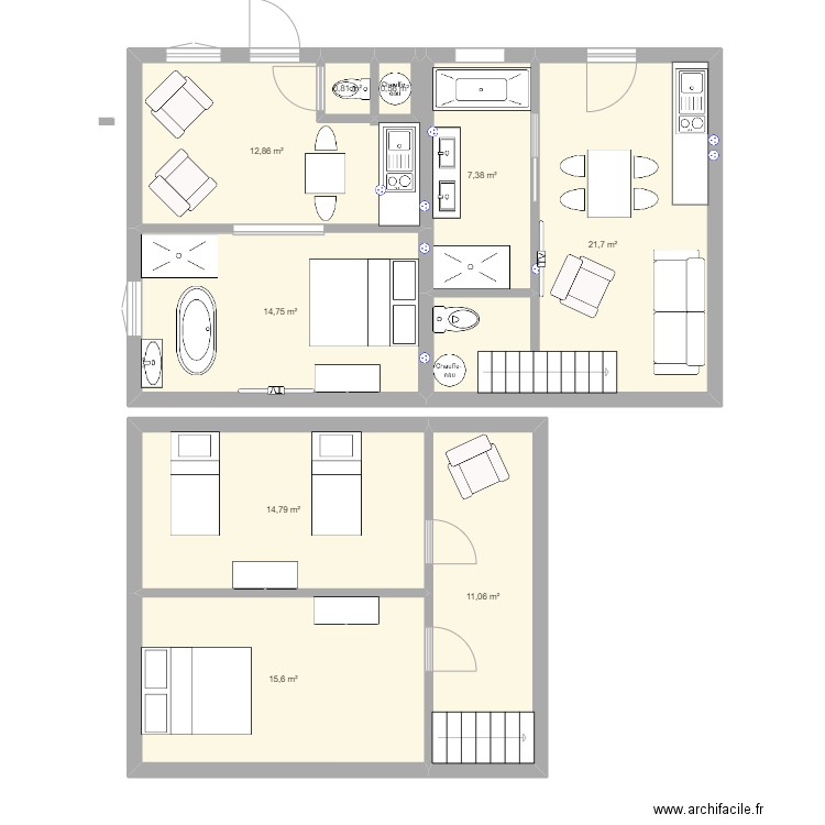 Gites. Plan de 9 pièces et 100 m2