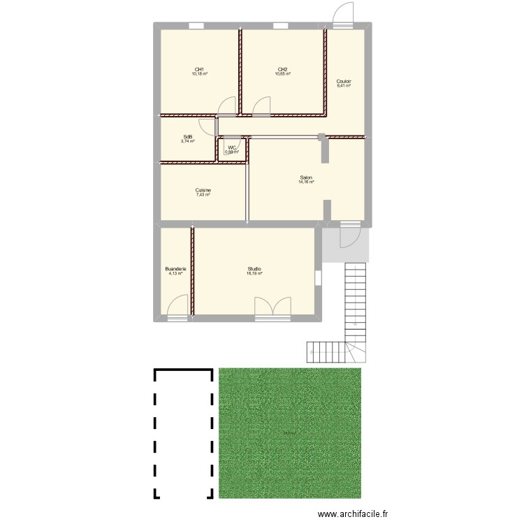 Plan maison actuelle. Plan de 9 pièces et 77 m2