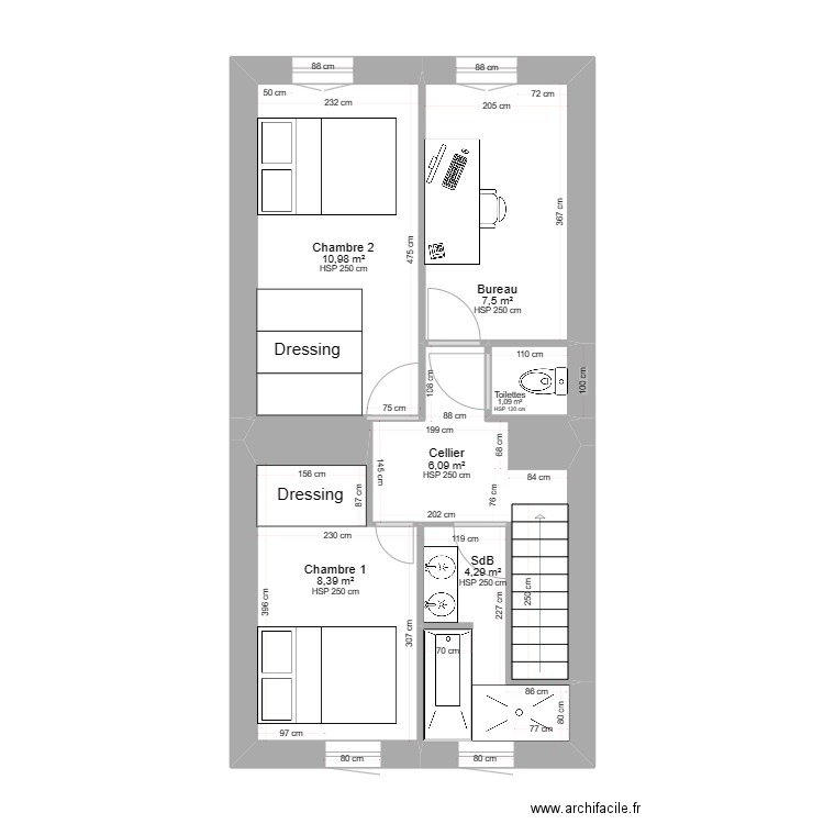 Etage - Projet 1. Plan de 6 pièces et 38 m2