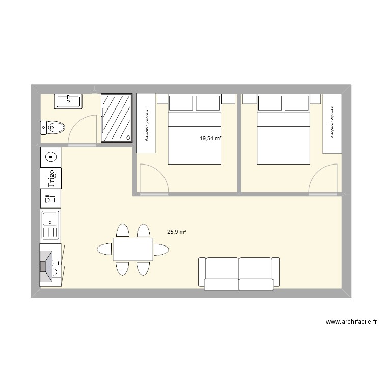 6 por 9. Plan de 2 pièces et 45 m2