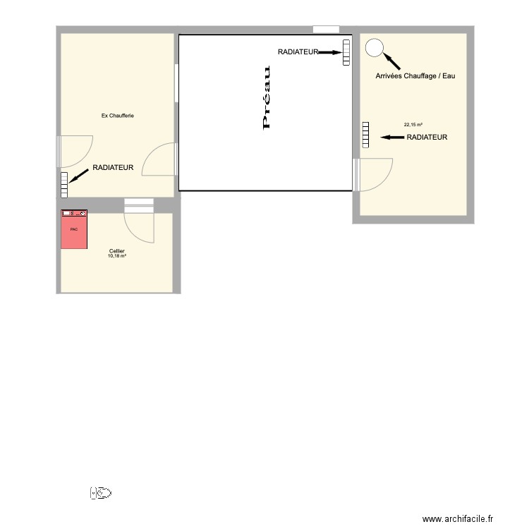 Radiateurs Preau Dependance exChaufferie. Plan de 3 pièces et 54 m2