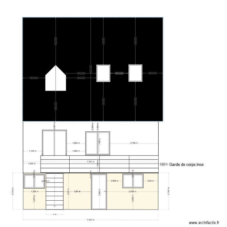 Façade arrière. Plan de 1 pièce et 17 m2