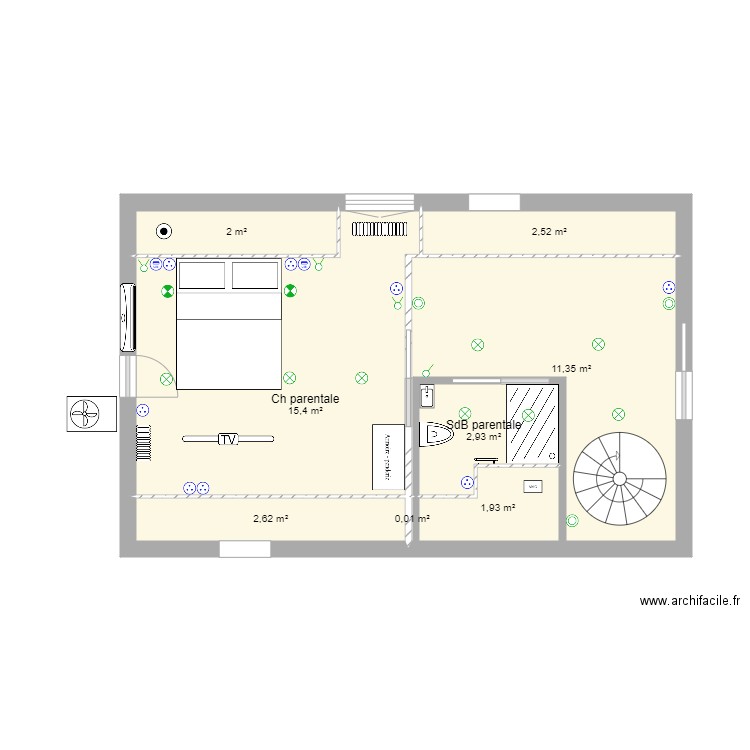 chambre parentale étage sous comble. Plan de 8 pièces et 39 m2