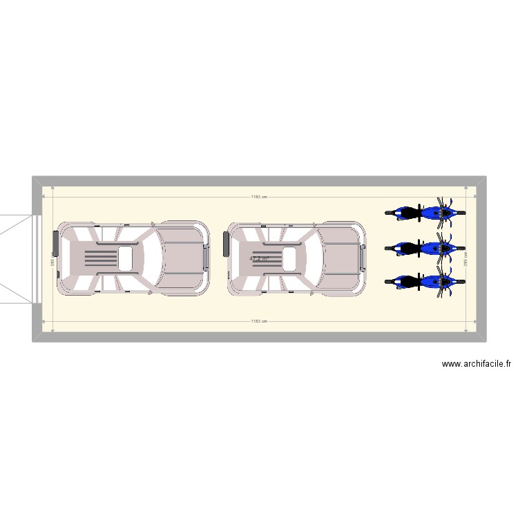 GARAGE EN LONGUEUR 2 x VOITURE + 3 x MOTO. Plan de 1 pièce et 47 m2