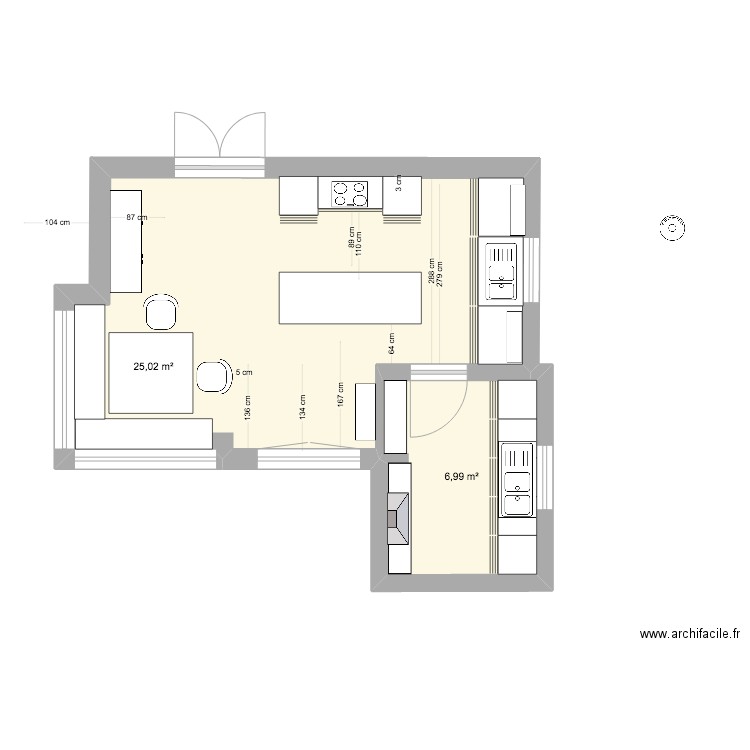 Cuisine Falize trois. Plan de 2 pièces et 32 m2