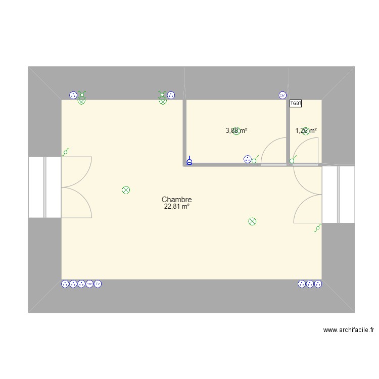 chambre1. Plan de 3 pièces et 28 m2