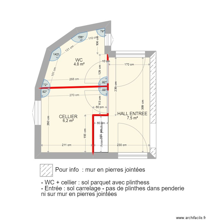 ENTREE + WC + CELLIER avec côtes placo finit. Plan de 3 pièces et 18 m2