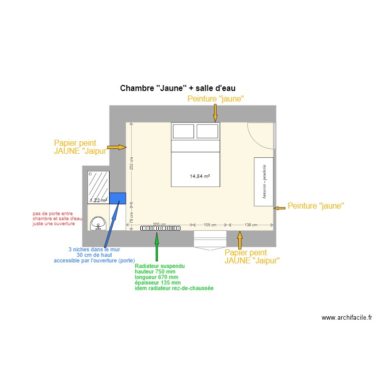 Chambre jaune et salle d eau. Plan de 0 pièce et 0 m2