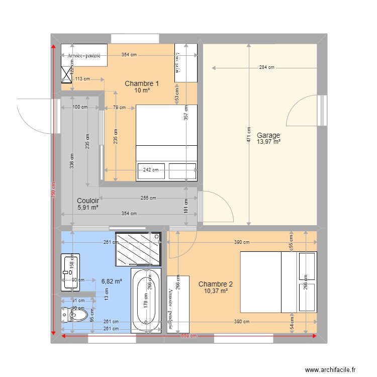 Travaux Mamie Papy V4. Plan de 5 pièces et 47 m2