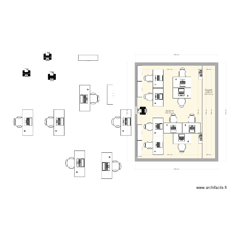 Bureau Etage. Plan de 2 pièces et 42 m2