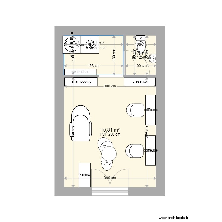 salon coiffure 19m2 1 bac et attente milieu. Plan de 3 pièces et 15 m2