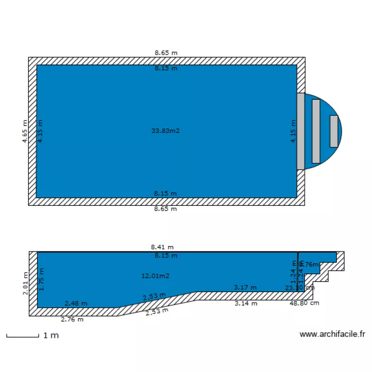 Piscine 8mx4m coupe. Plan de 