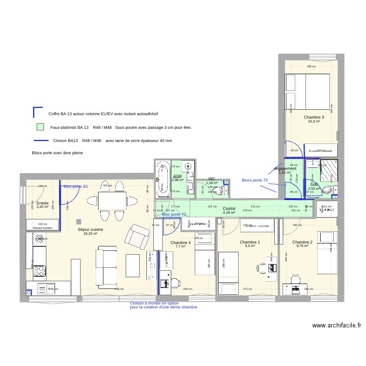 02 Boulogne plan cloisons faux plafonds. Plan de 11 pièces et 81 m2