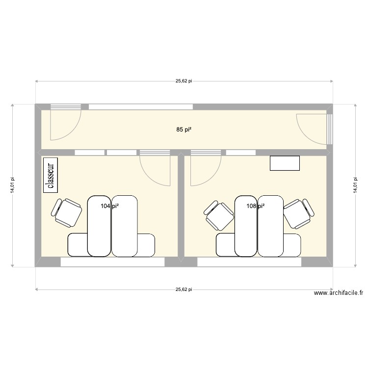 Bureau compta. Plan de 3 pièces et 28 m2