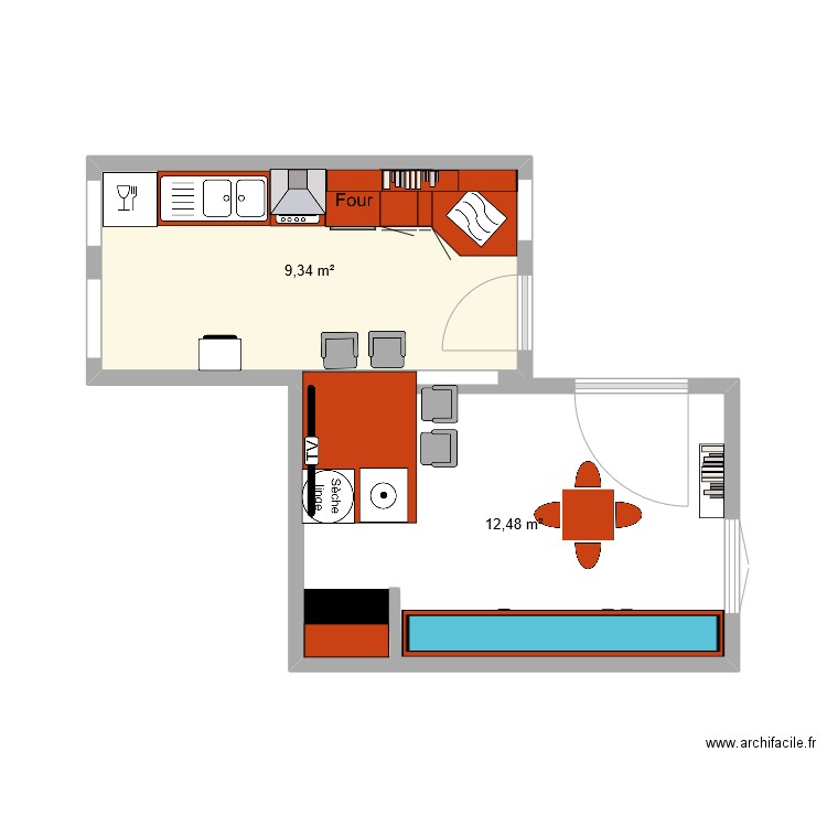 cuiine. Plan de 2 pièces et 22 m2