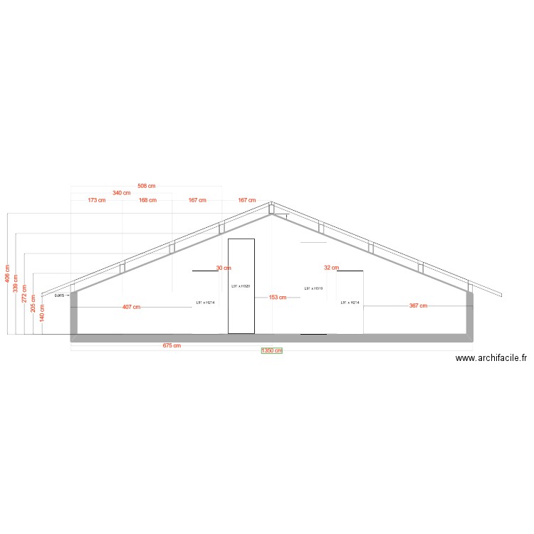 Plan pignon central. Plan de 1 pièce et 36 m2