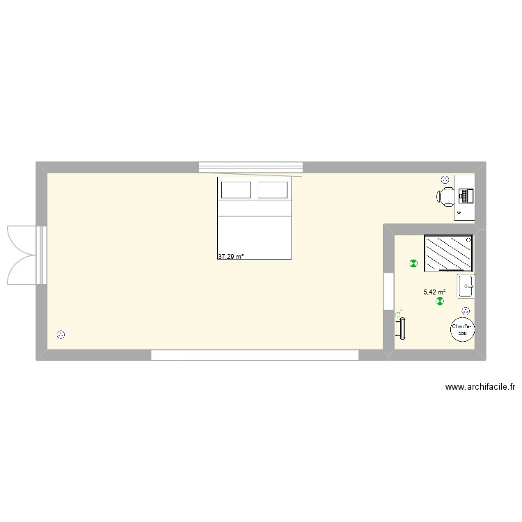 studio. Plan de 2 pièces et 43 m2