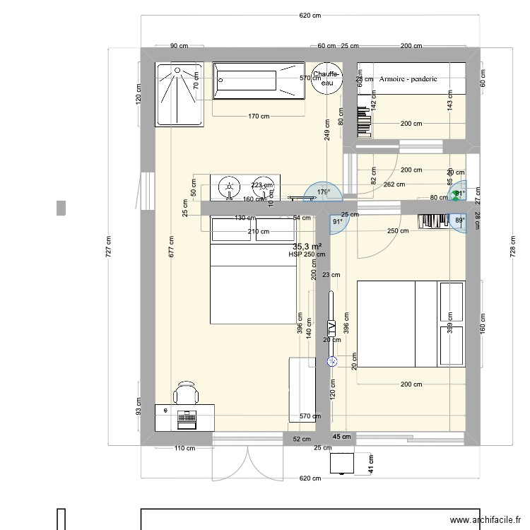 restructuration extension. Plan de 1 pièce et 35 m2