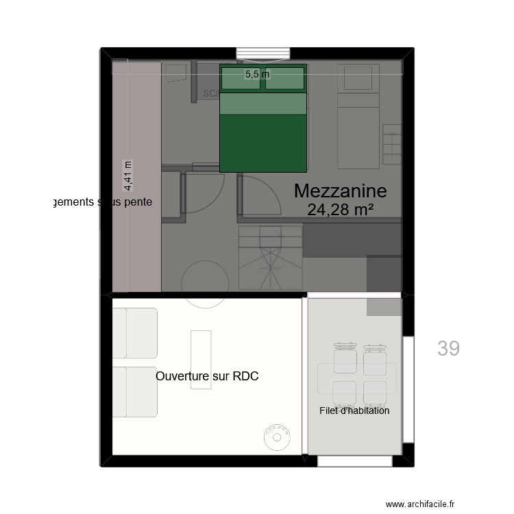 Maison 41m²+Mezzanine. Plan de 4 pièces et 80 m2