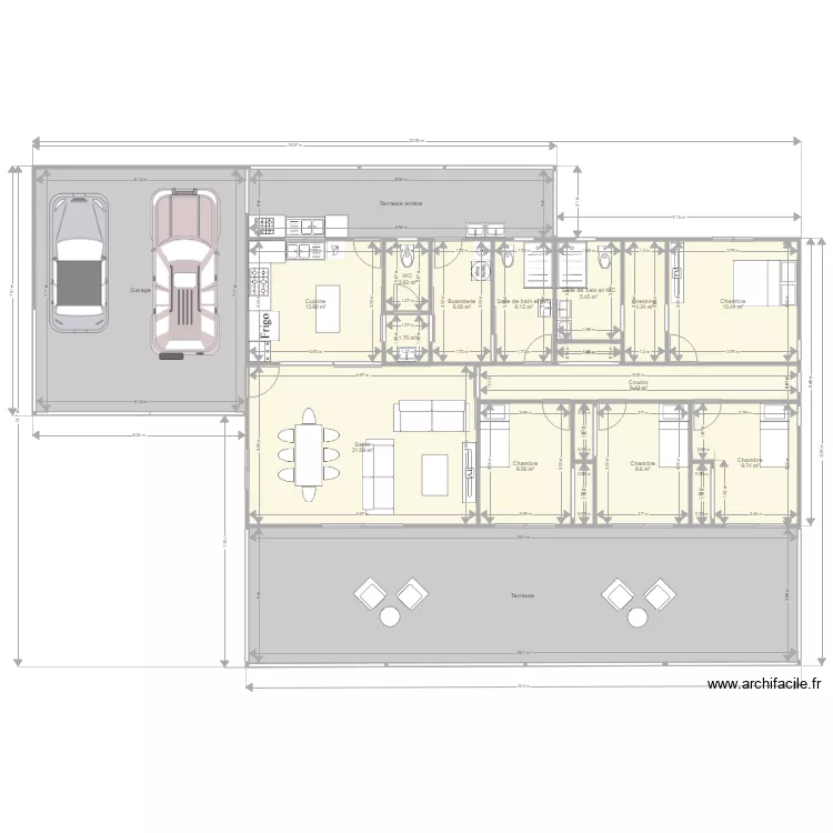 F5 Cuisine ferm&eacute;e Garage Toit 3 Pans BIS. Plan de 