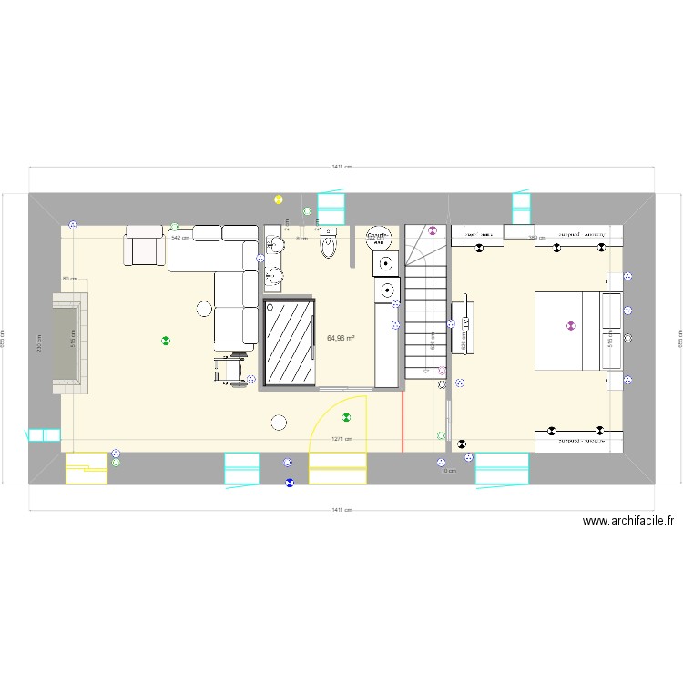 rdc chambre porte décalée. Plan de 1 pièce et 65 m2