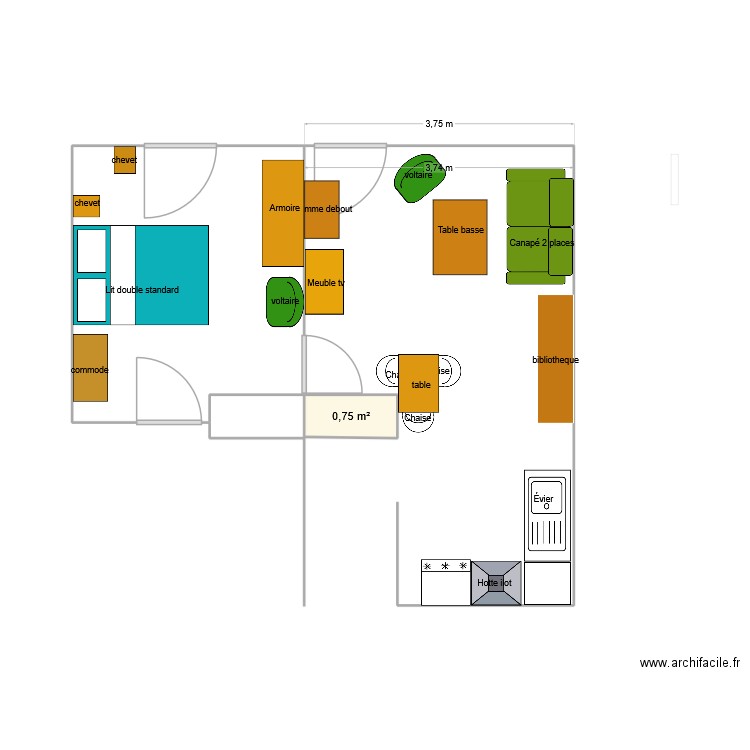 2015 10 21 Séjour et cuisine. Plan de 1 pièce et 1 m2