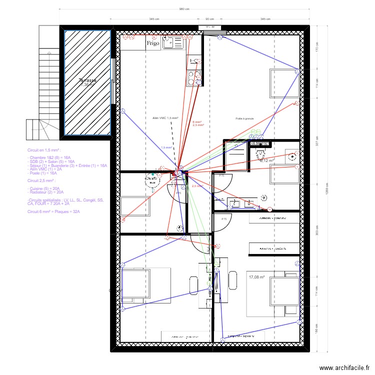 MAISON ETAGE ELECTRICITE CIRCUIT PRISE. Plan de 9 pièces et 90 m2