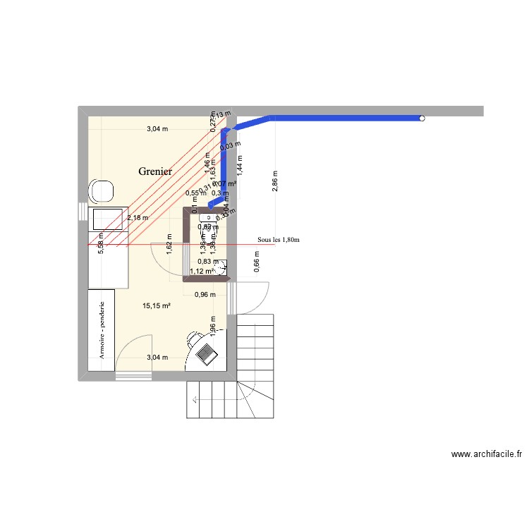 Grenier . Plan de 3 pièces et 16 m2