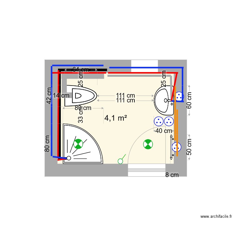 SDB Etage lavabo sur mur. Plan de 1 pièce et 4 m2