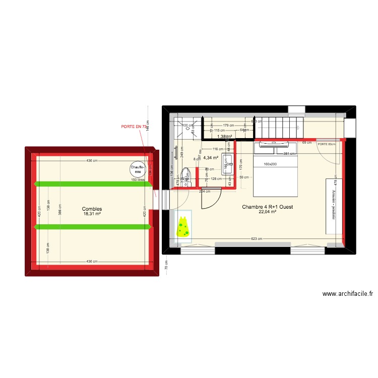 plans chambre Ouest R+1 WC au Sud ! OK cloison courte + aménagement SDE+ Combles + mobilier . Plan de 0 pièce et 0 m2
