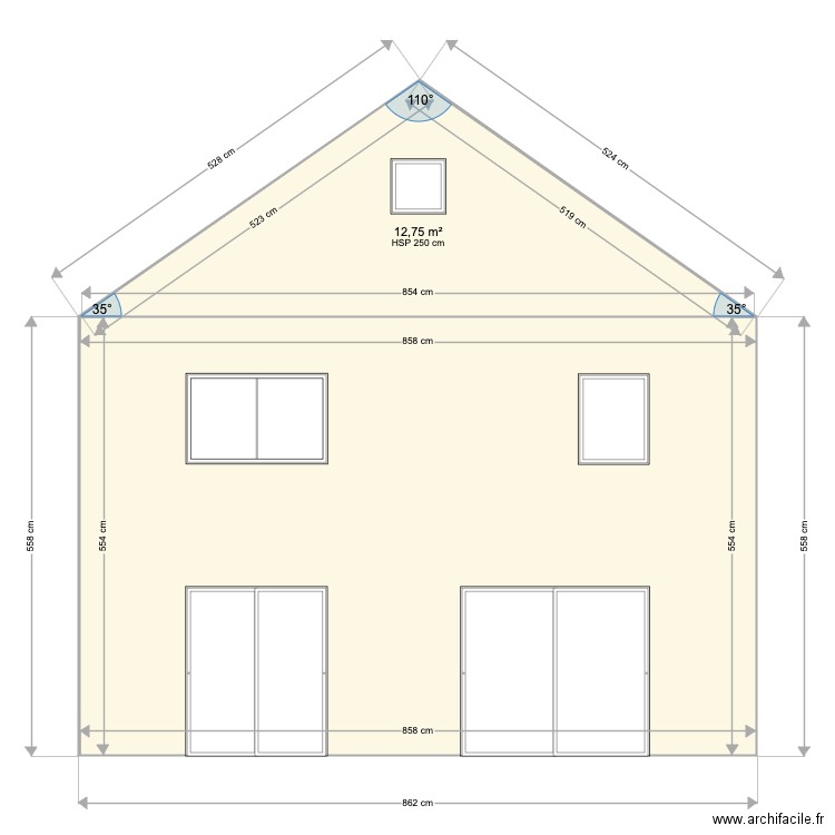 Façade SUD OUEST. Plan de 2 pièces et 60 m2