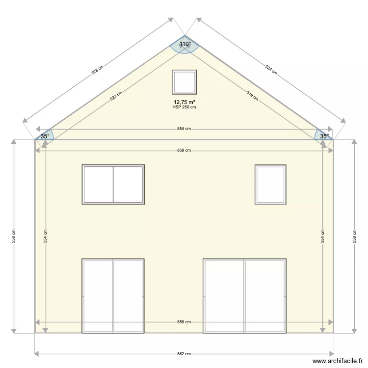 Fa&ccedil;ade SUD OUEST. Plan de 