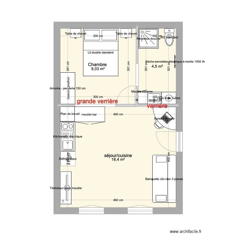 deux pièces. Plan de 3 pièces et 32 m2