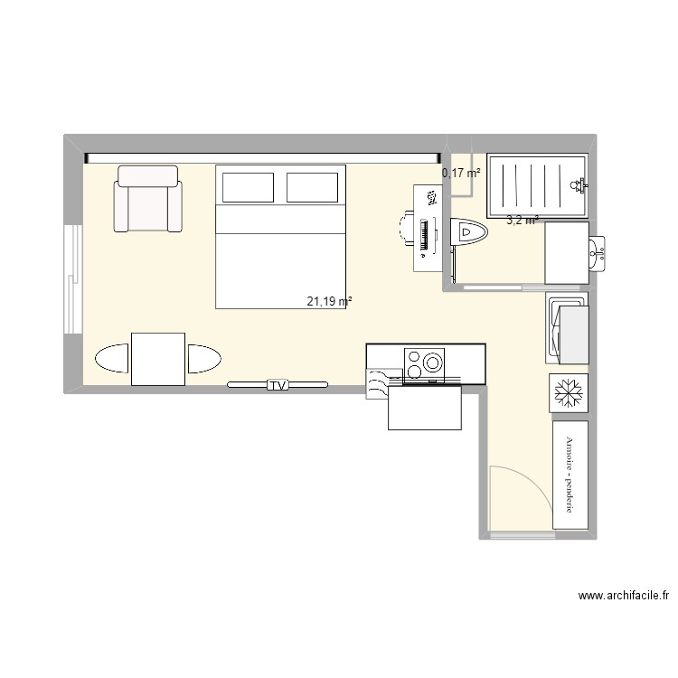 studio 24m². Plan de 3 pièces et 25 m2