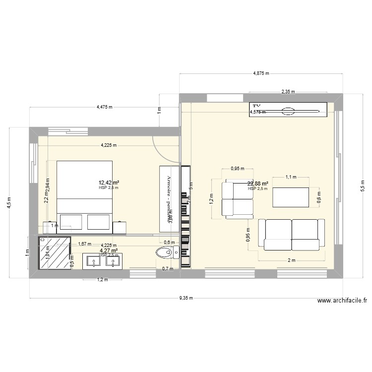 agrandissement. Plan de 3 pièces et 40 m2