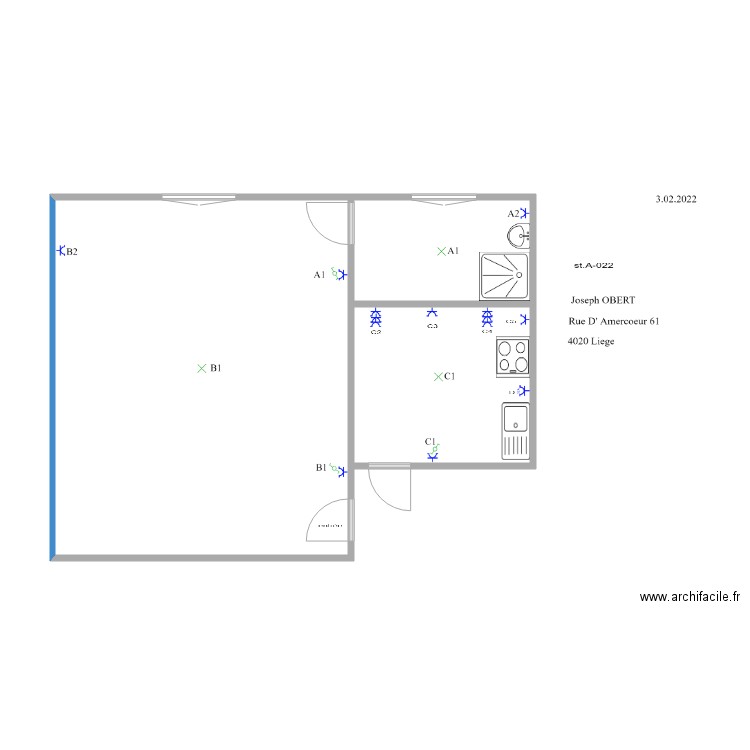 amercooer A022. Plan de 3 pièces et 54 m2