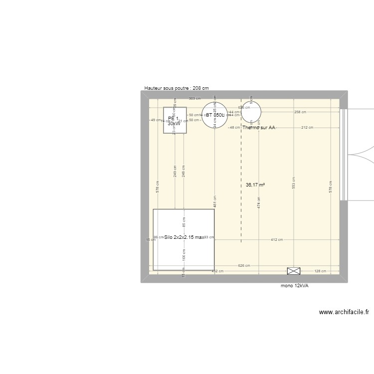 pollet. Plan de 1 pièce et 36 m2