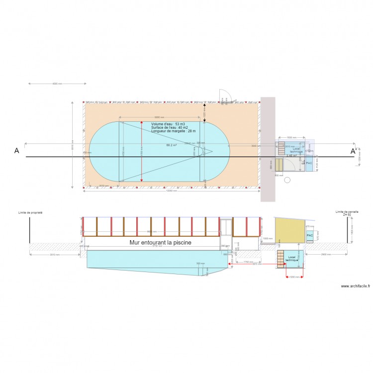 Plan coupe piscine avec local technique uniquement. Plan de 0 pièce et 0 m2