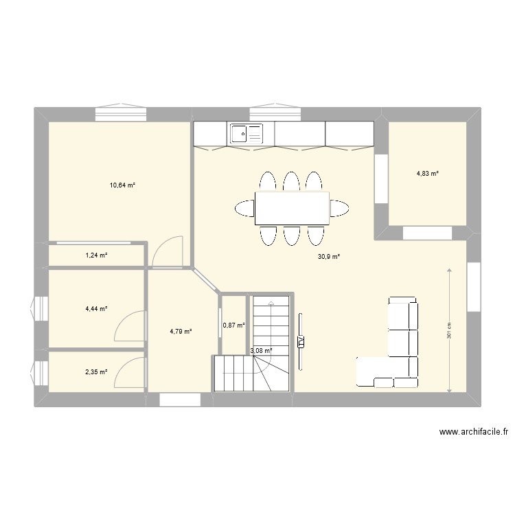 RDC BAS. Plan de 9 pièces et 63 m2